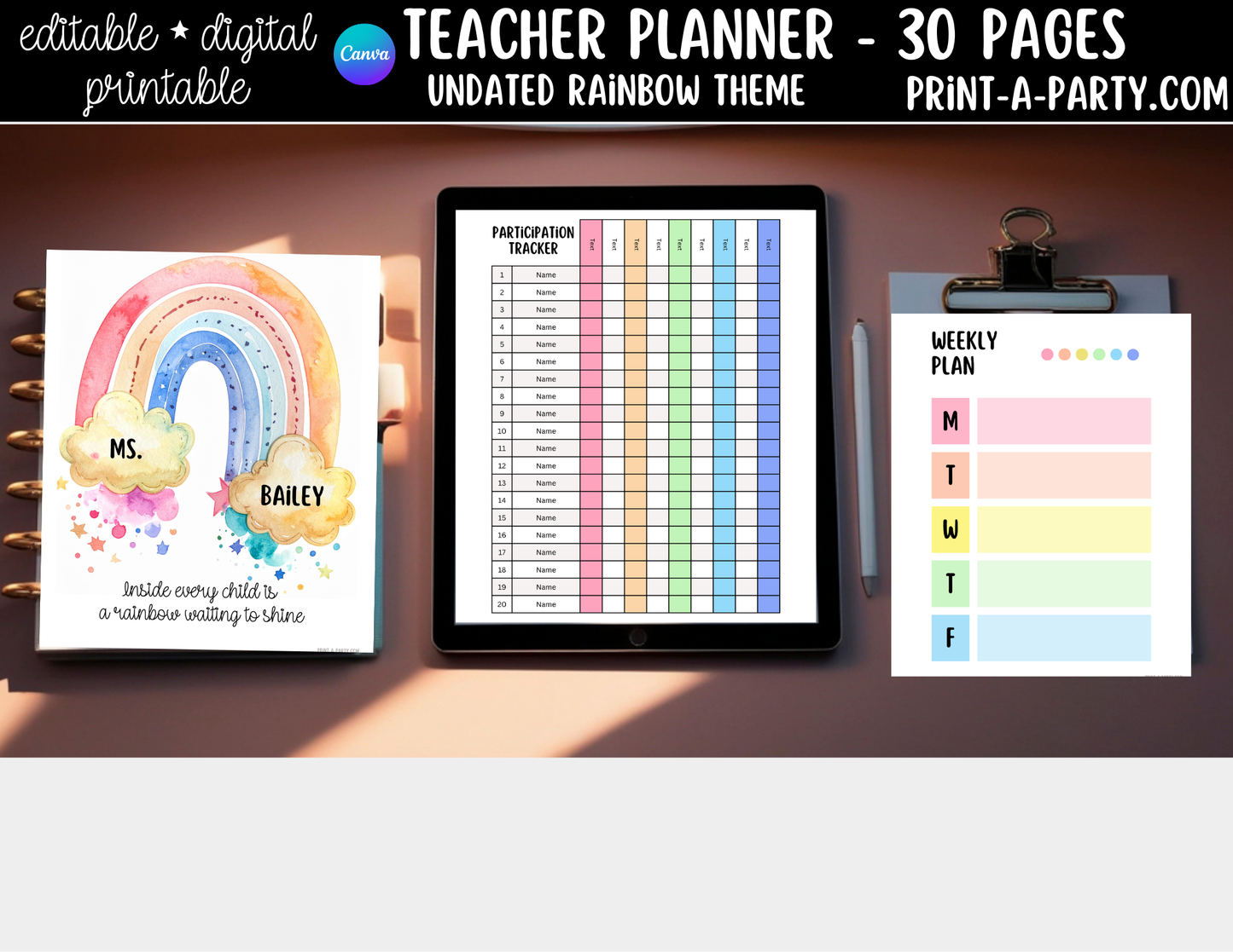 PLANNER: Editable Rainbow Teacher Planner Undated | 30-Page Canva Template with Covers