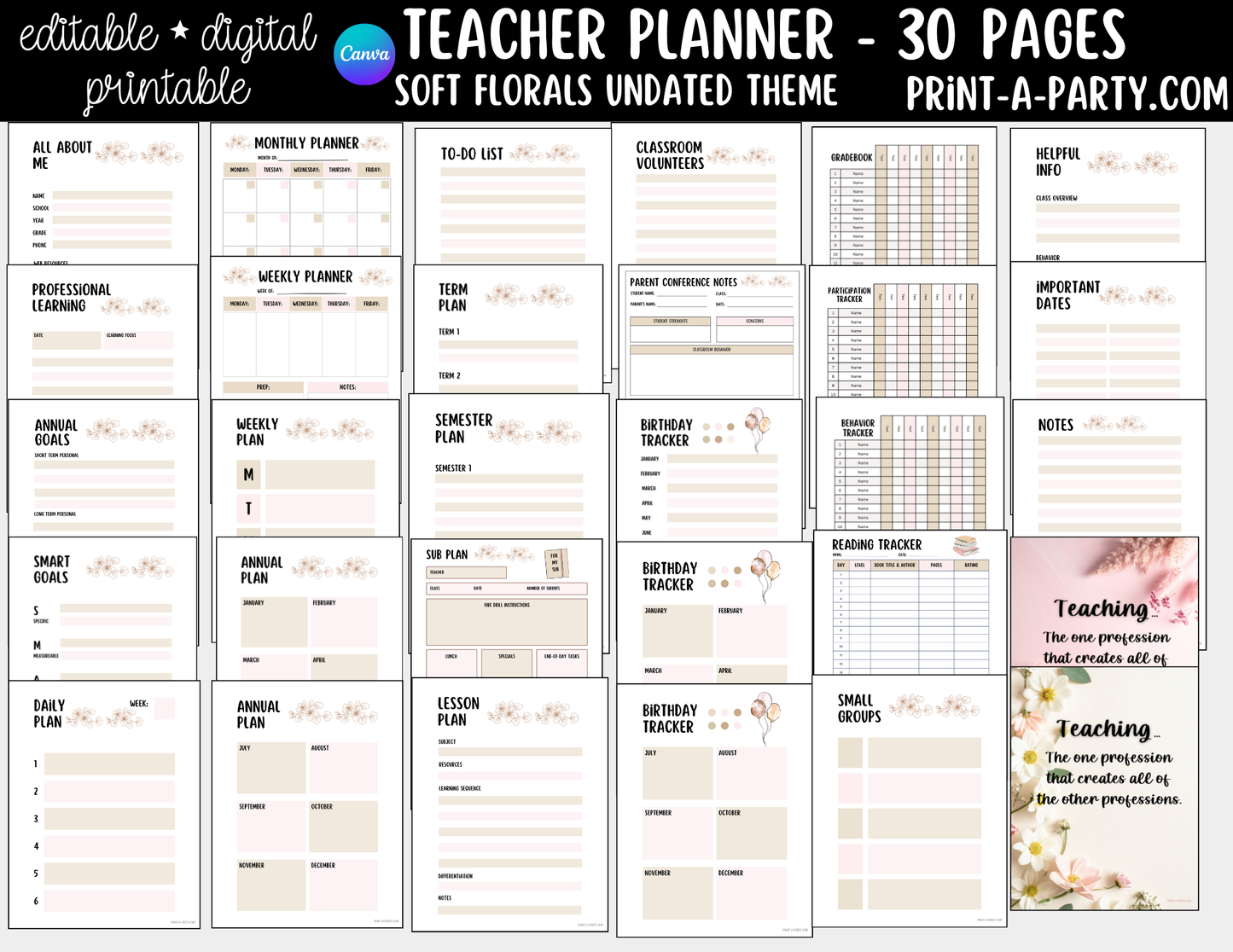 PLANNER: Editable Soft Florals Teacher Planner Undated | 30-Page Canva Template with Covers