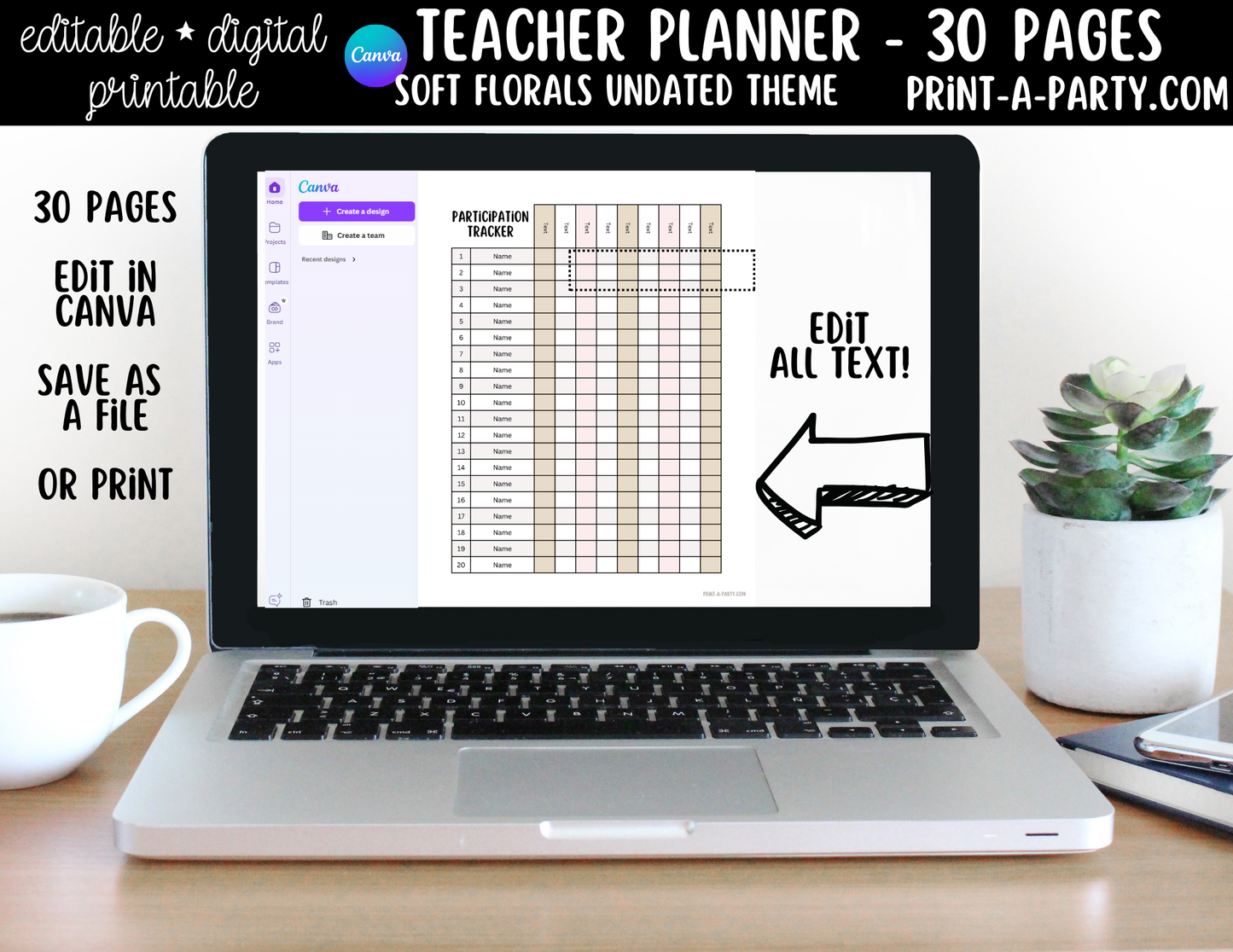 PLANNER: Editable Soft Florals Teacher Planner Undated | 30-Page Canva Template with Covers