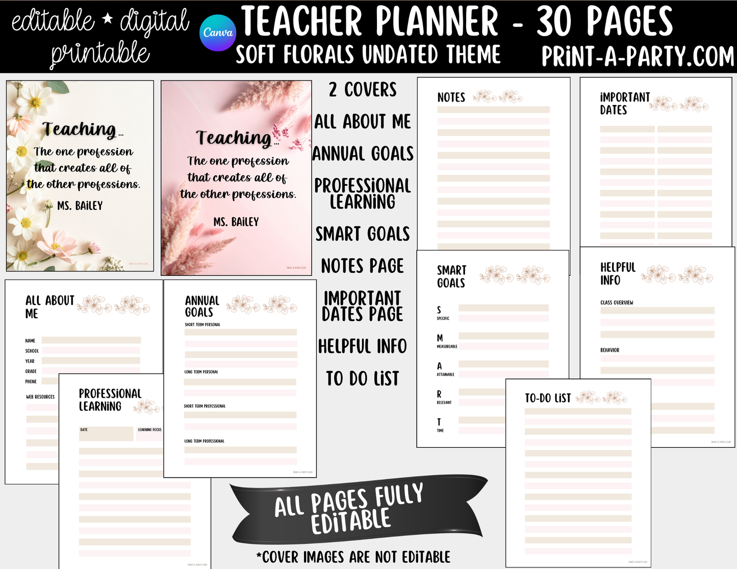 PLANNER: Editable Soft Florals Teacher Planner Undated | 30-Page Canva Template with Covers