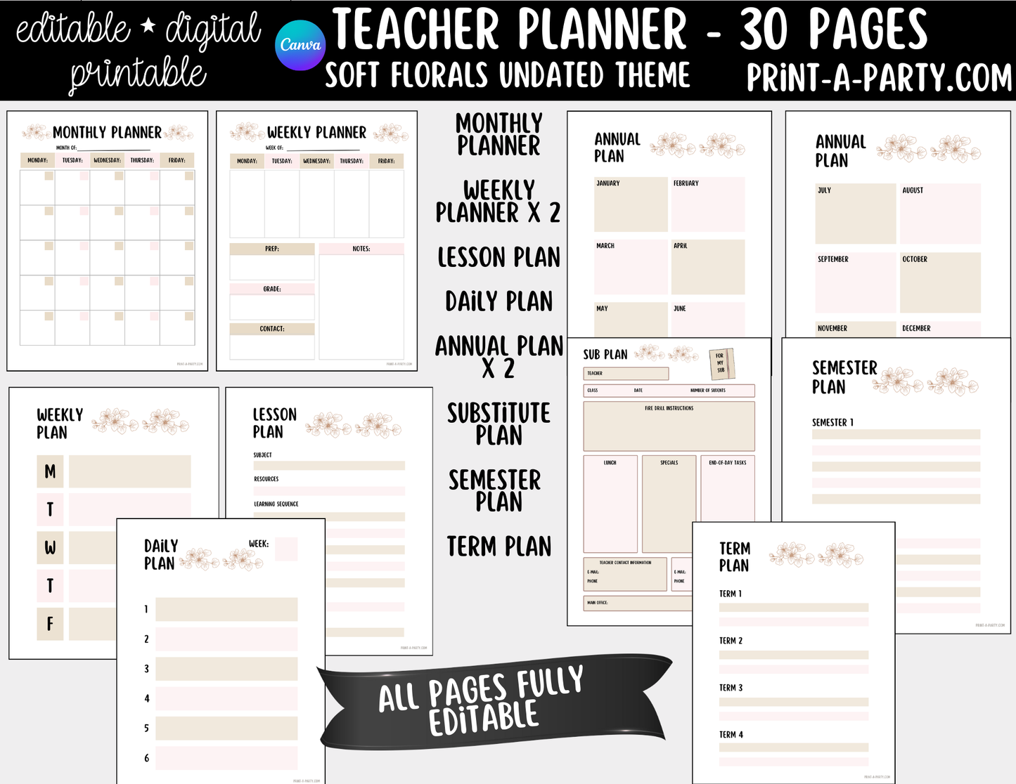 PLANNER: Editable Soft Florals Teacher Planner Undated | 30-Page Canva Template with Covers