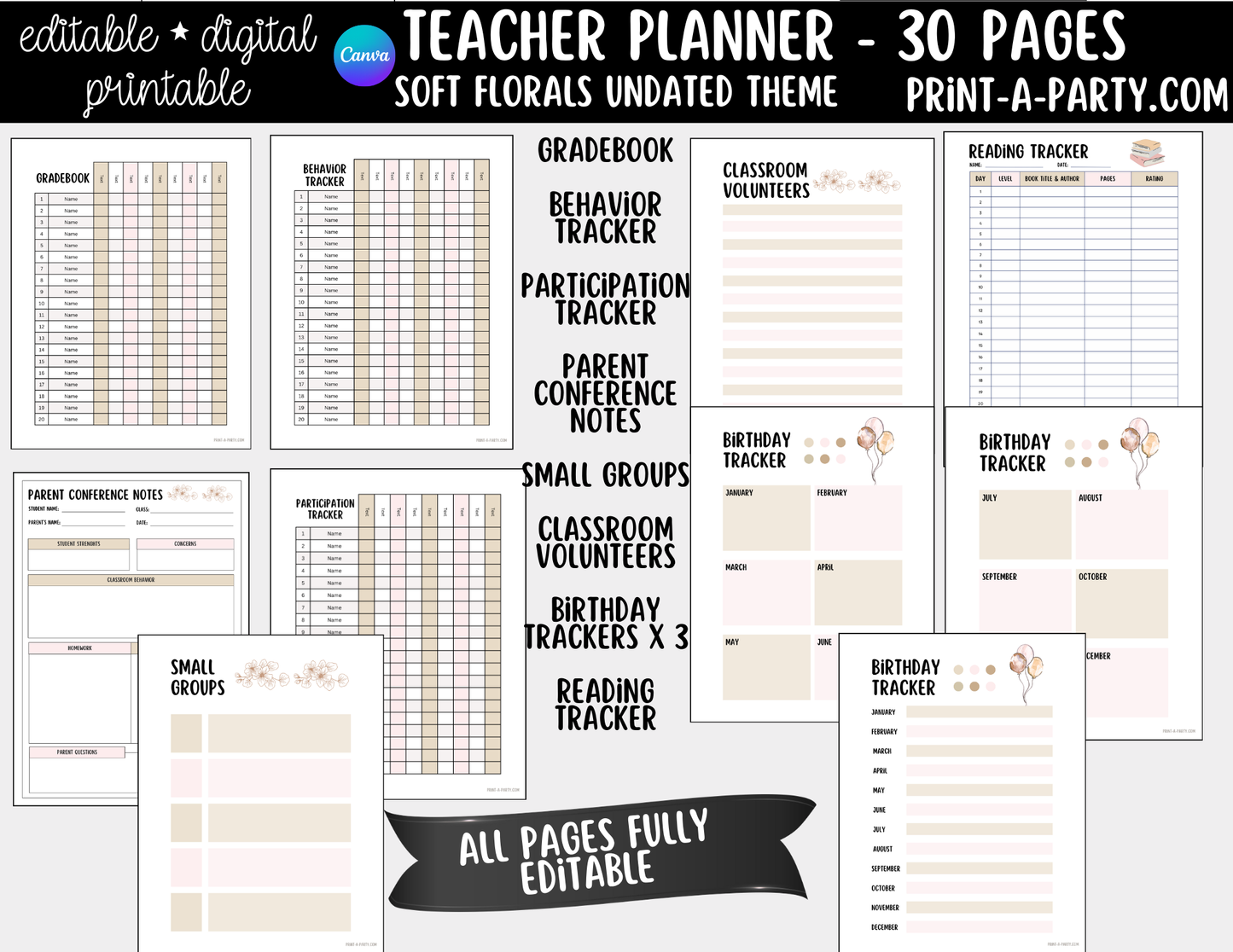 PLANNER: Editable Soft Florals Teacher Planner Undated | 30-Page Canva Template with Covers