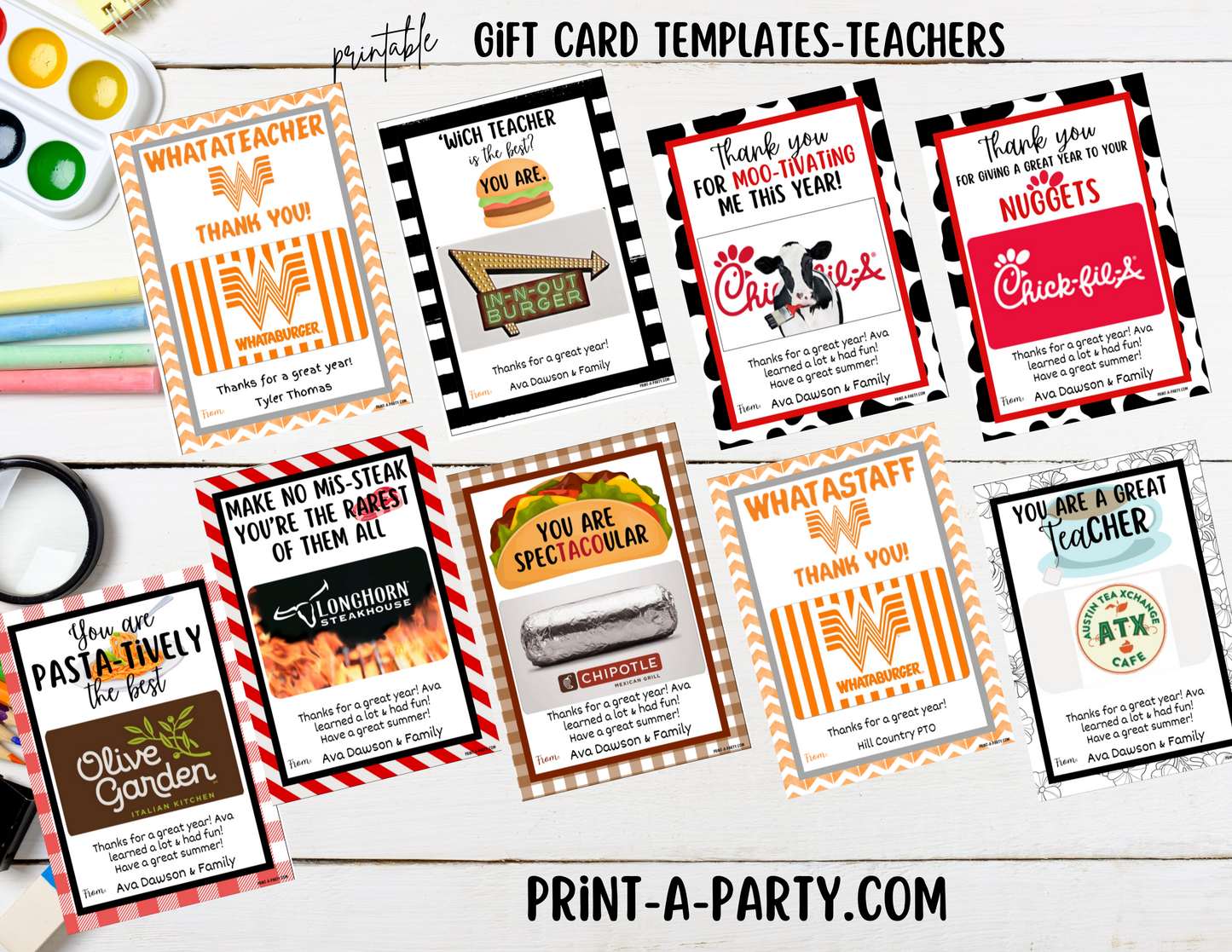 GIFT CARDS: Teacher or Staff Appreciation Gifts | Teacher Appreciation Week | End of Year Teacher Gifts | RESTAURANTS | Teacher Gift Cards | Whataburger | Tacos | Tea | Pasta | Burgers | Chik Fil A