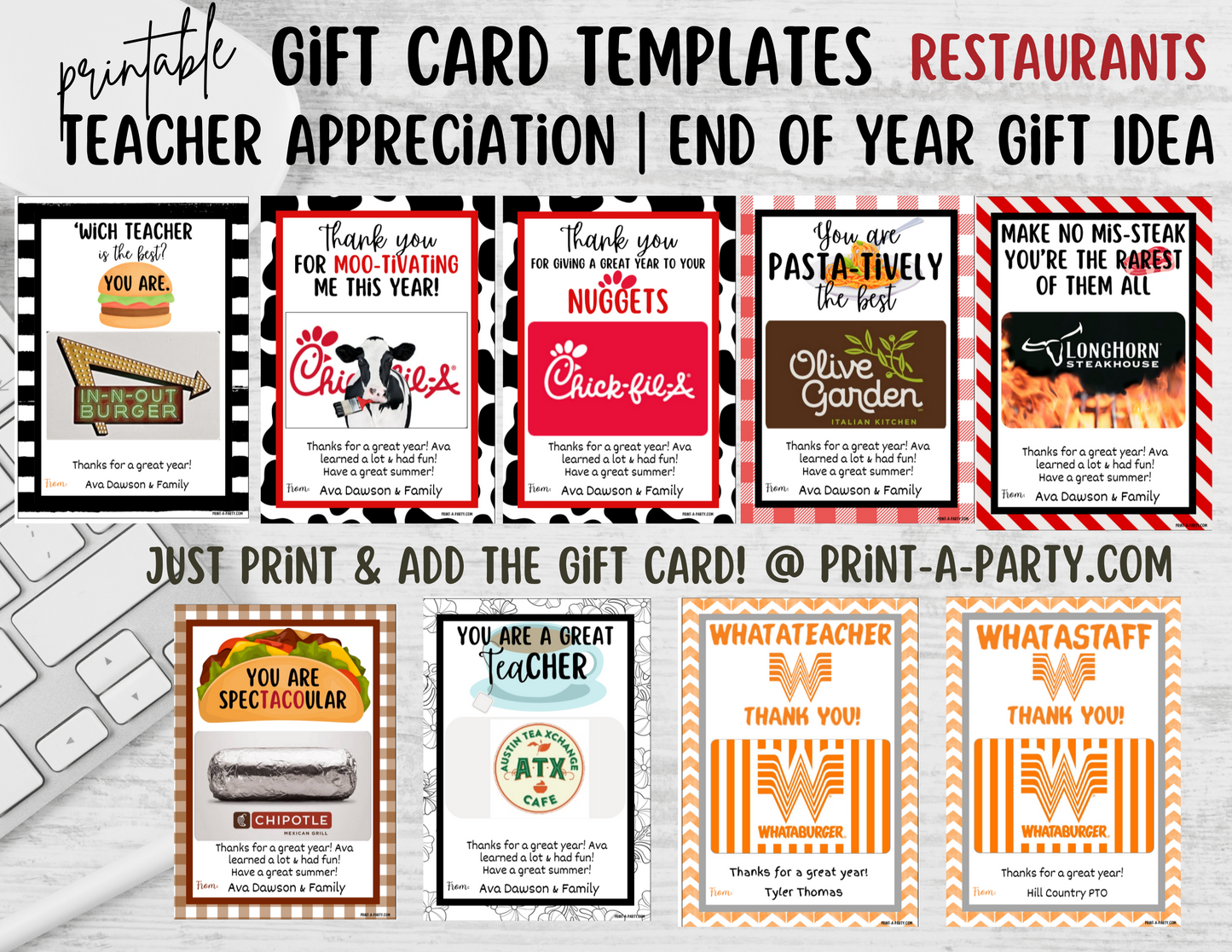 GIFT CARDS: Teacher or Staff Appreciation Gifts | Teacher Appreciation Week | End of Year Teacher Gifts | RESTAURANTS | Teacher Gift Cards | Whataburger | Tacos | Tea | Pasta | Burgers | Chik Fil A