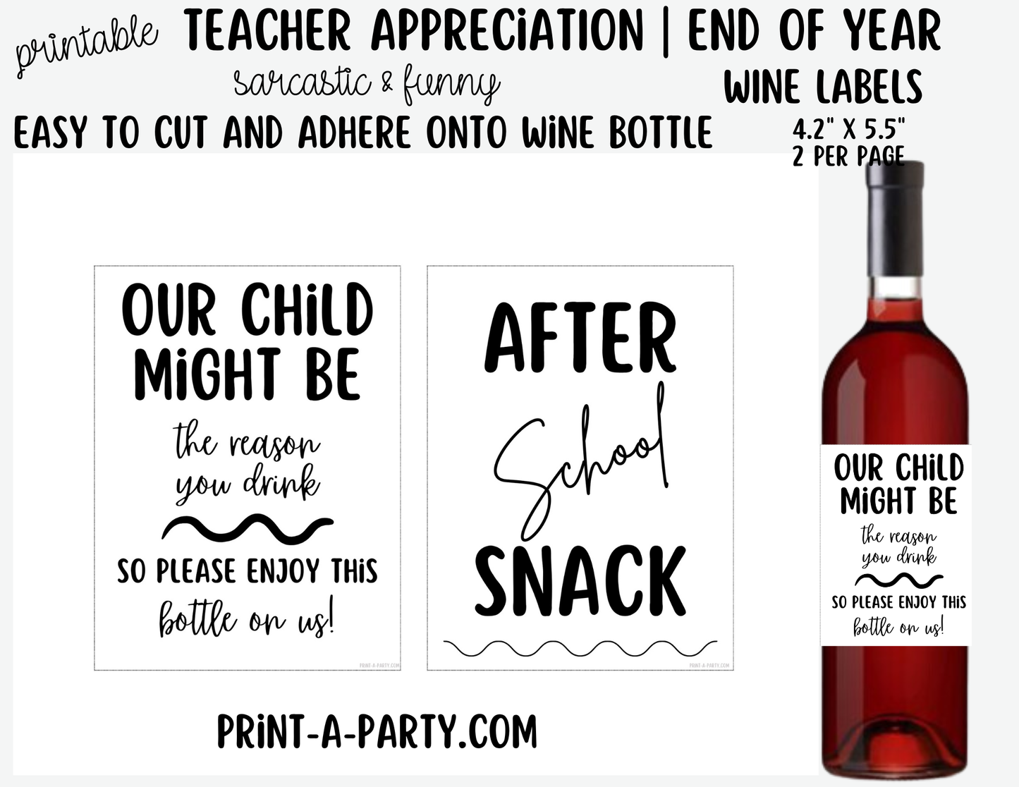 Wine Labels Sarcastic Teacher Wine Labels Printable - Funny Teacher Appreciation or End of Year Gift for Educators