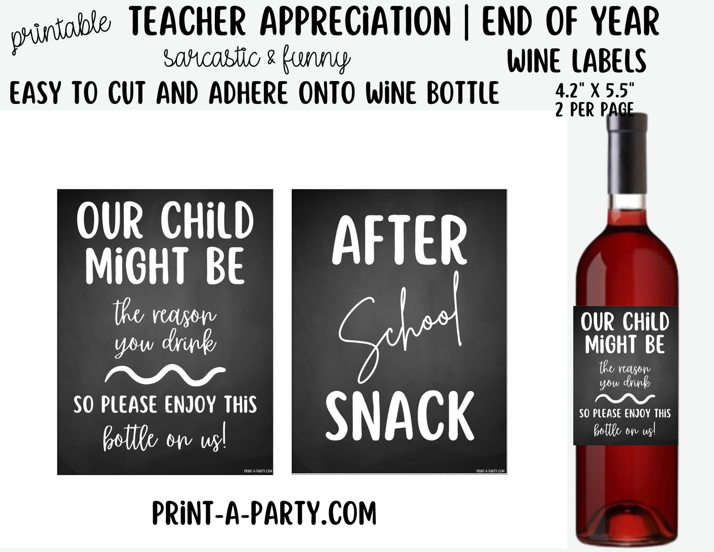 Wine Labels Sarcastic Teacher Wine Labels Printable - Funny Teacher Appreciation or End of Year Gift for Educators
