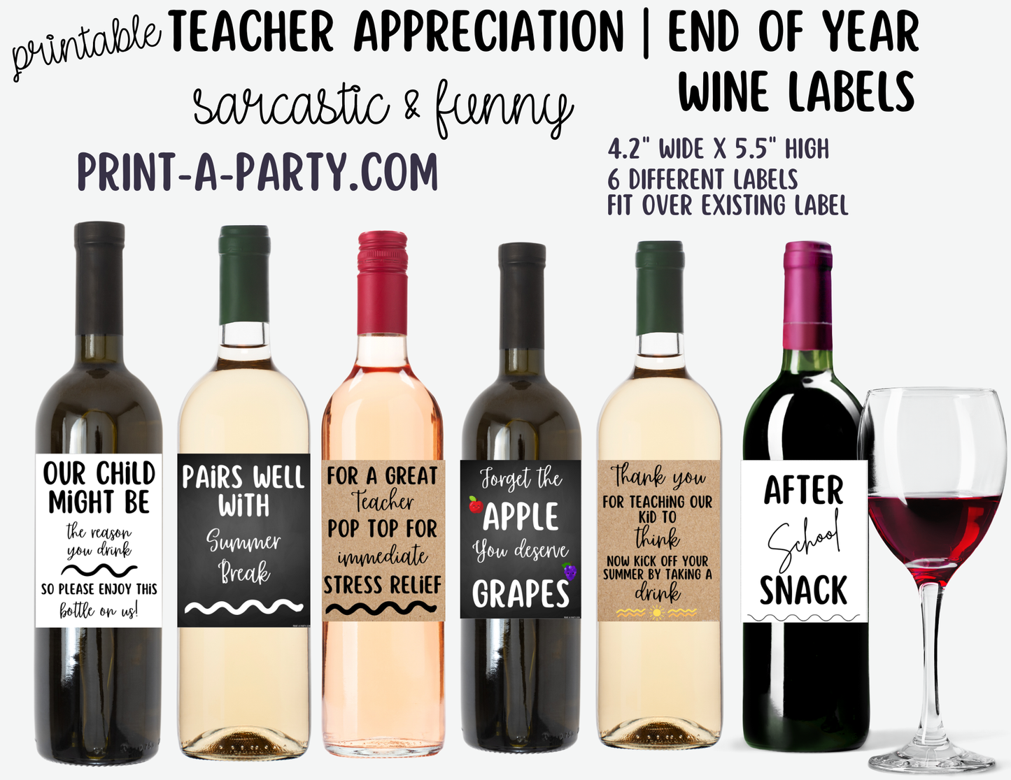 Wine Labels Sarcastic Teacher Wine Labels Printable - Funny Teacher Appreciation or End of Year Gift for Educators