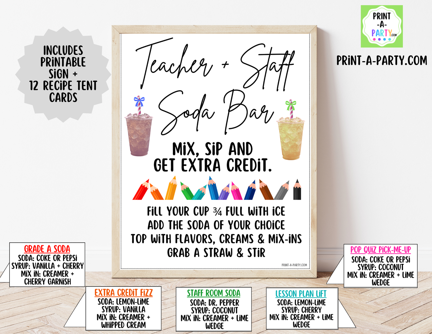 Teacher and Staff "Dirty" Soda Bar - Sign (8x10) & Recipe Tent Cards (12 recipes!)