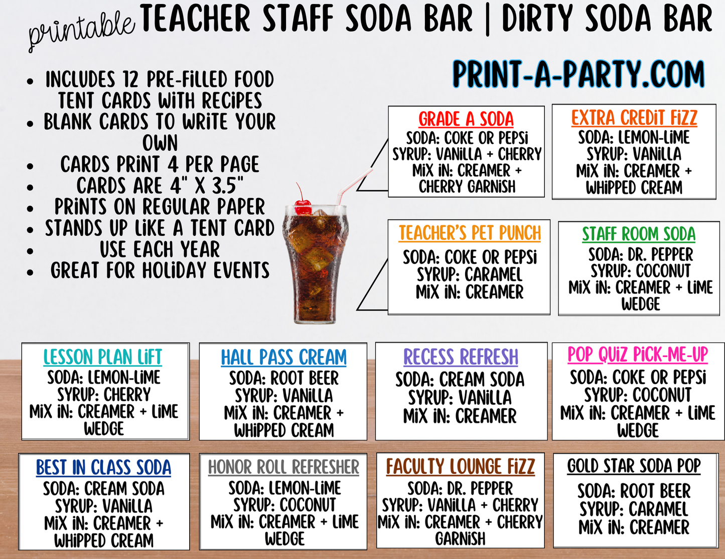 Teacher and Staff "Dirty" Soda Bar - Sign (8x10) & Recipe Tent Cards (12 recipes!)