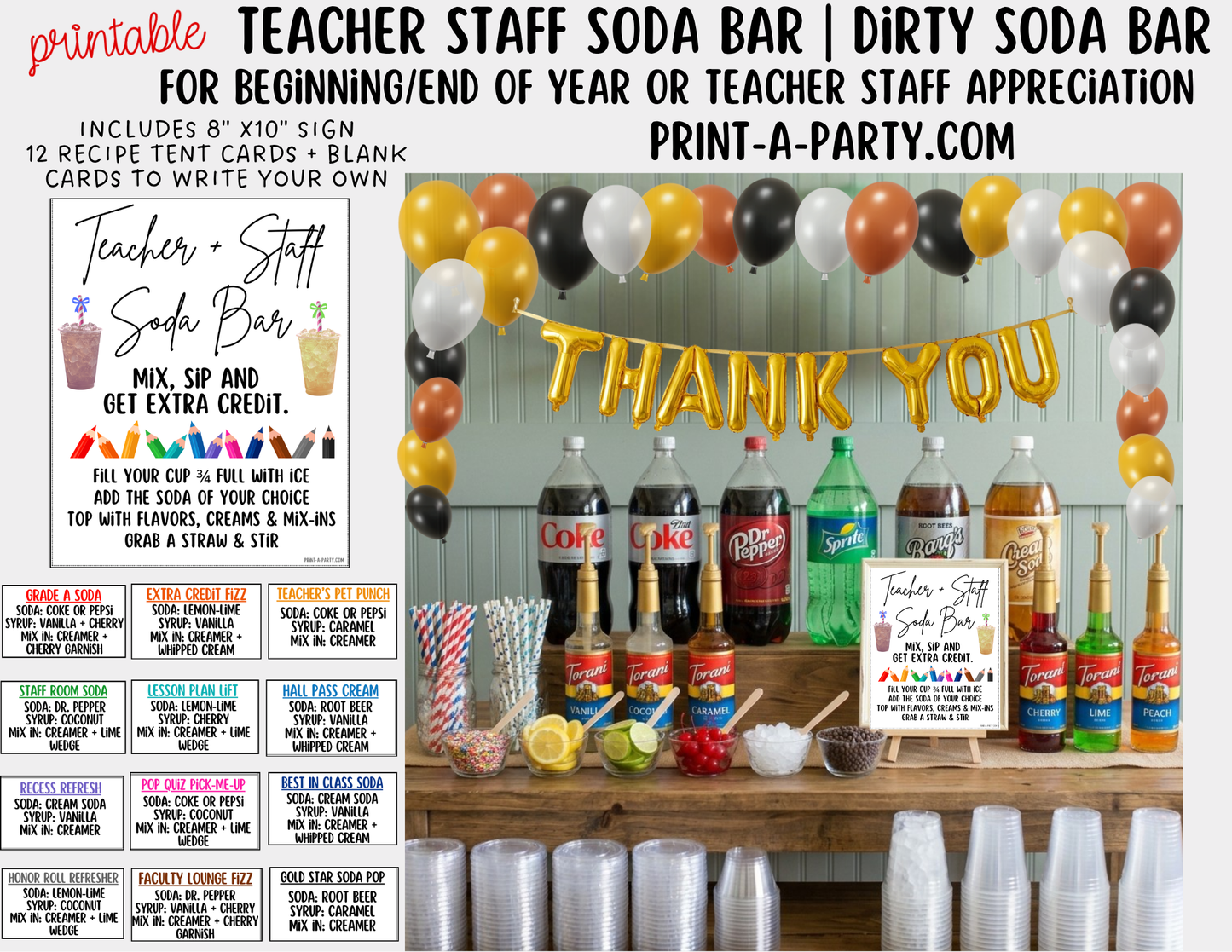 Teacher and Staff "Dirty" Soda Bar - Sign (8x10) & Recipe Tent Cards (12 recipes!)