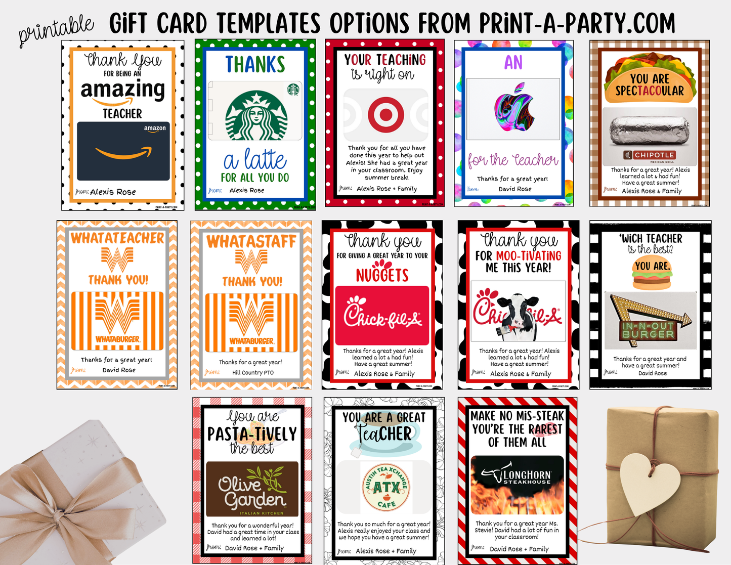 Gift Card Restaurant Templates – Teacher Appreciation Gift Cards for Teacher and Staff Gifts