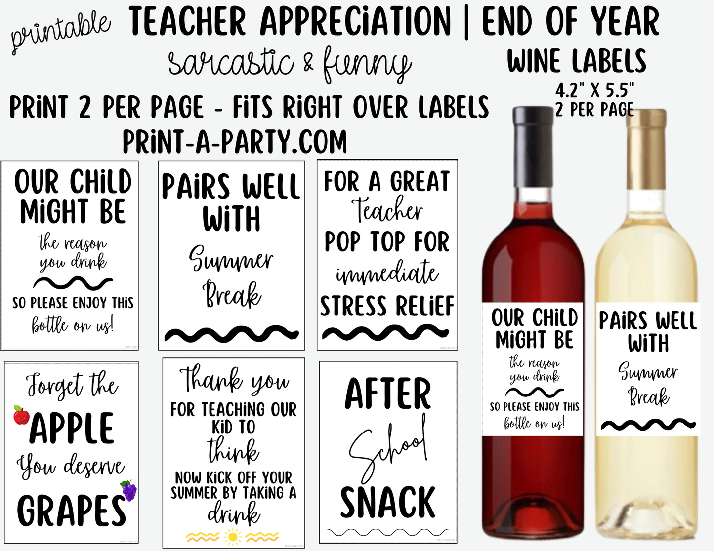 Wine Labels Sarcastic Teacher Wine Labels Printable - Funny Teacher Appreciation or End of Year Gift for Educators