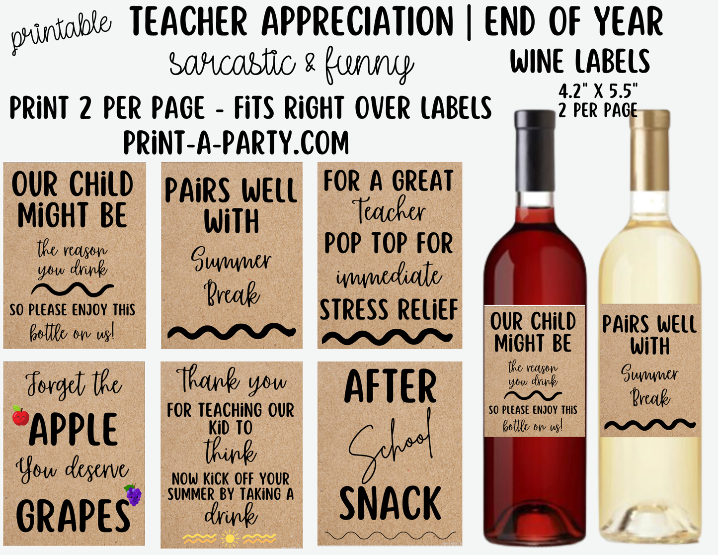 Wine Labels Sarcastic Teacher Wine Labels Printable - Funny Teacher Appreciation or End of Year Gift for Educators