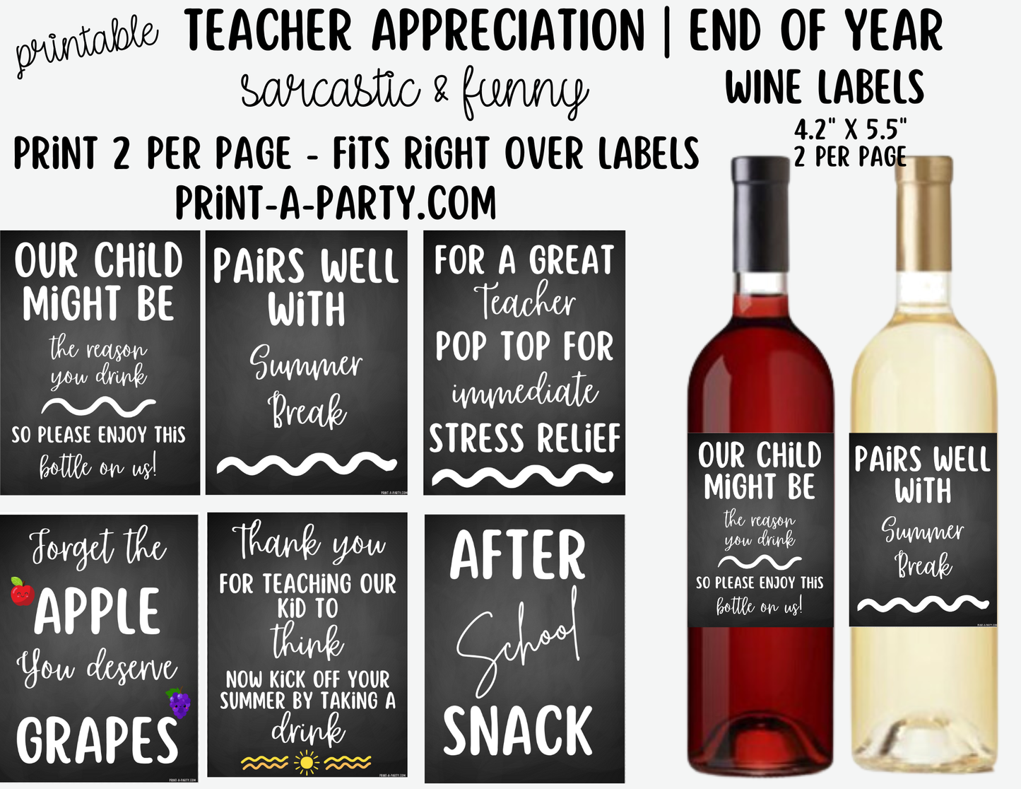 Wine Labels Sarcastic Teacher Wine Labels Printable - Funny Teacher Appreciation or End of Year Gift for Educators