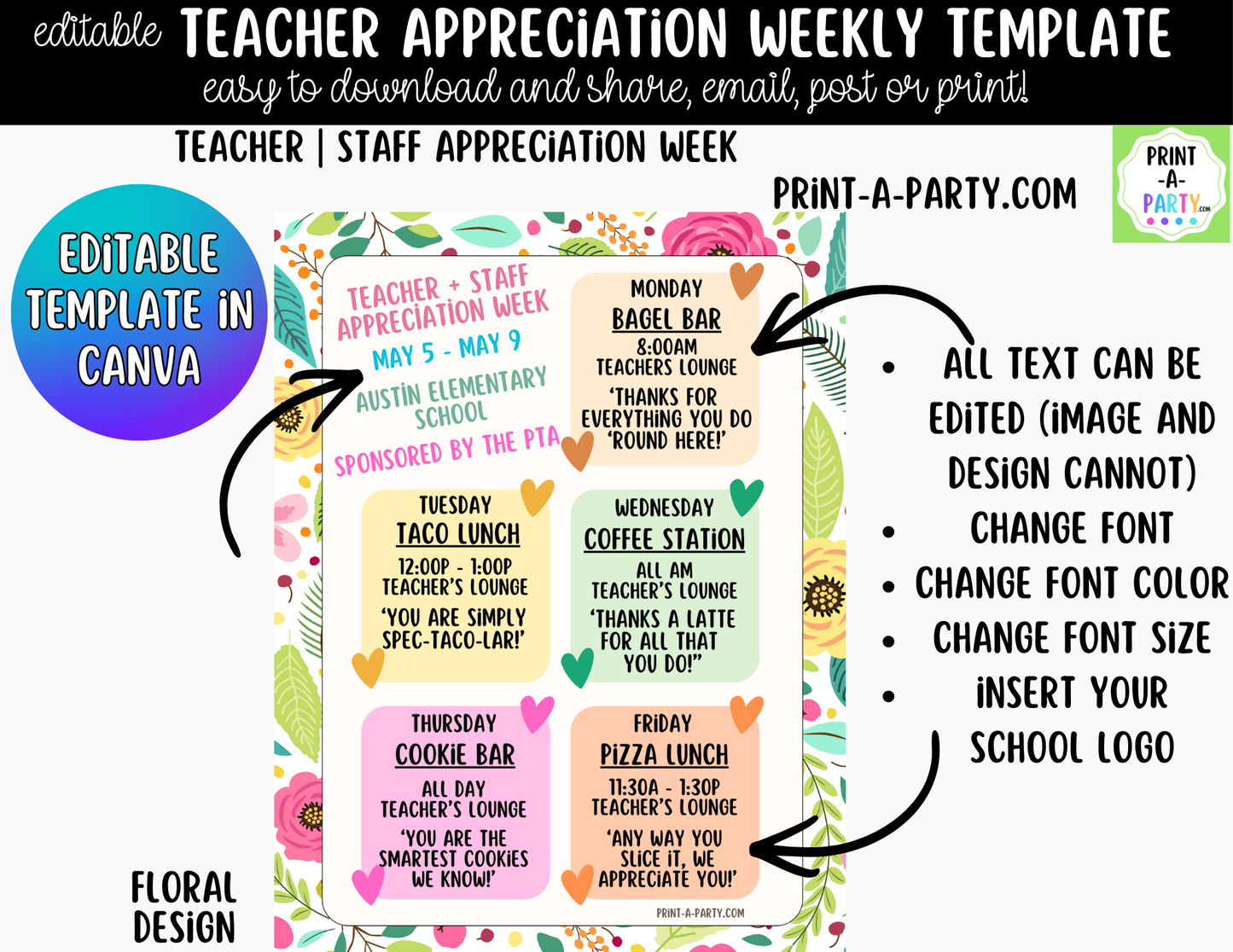 Teacher Appreciation Week Schedule Template – Editable Canva Planner for PTO, PTA & School Staff Events