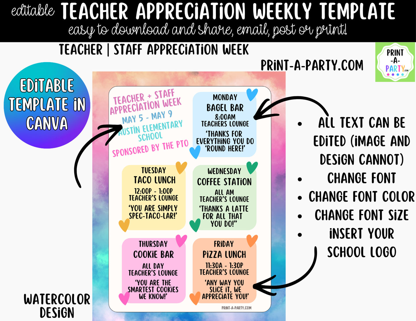 Teacher Appreciation Week Schedule Template – Editable Canva Planner for PTO, PTA & School Staff Events