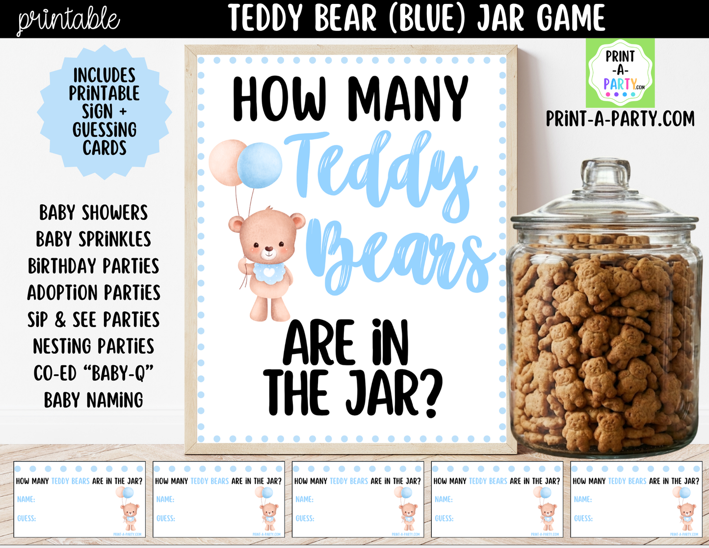 Teddy Bears (blue) Jar Game Printable Sign (8x10) & Guessing Cards for Baby Shower or parties