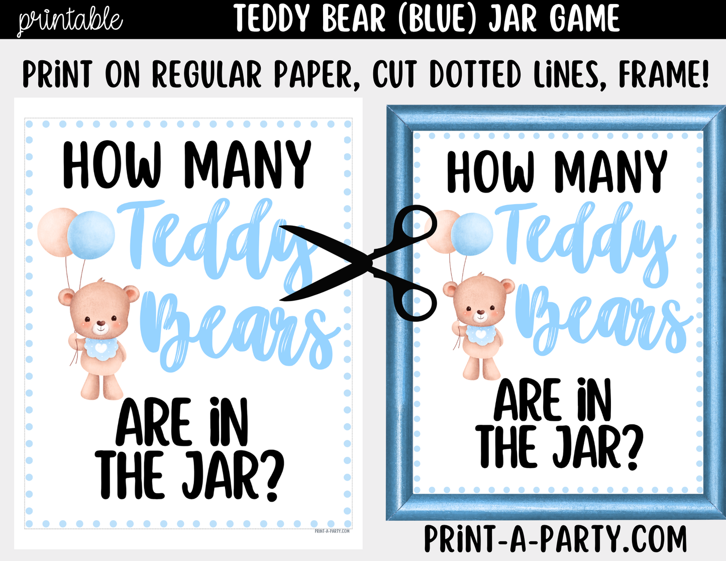 Teddy Bears (blue) Jar Game Printable Sign (8x10) & Guessing Cards for Baby Shower or parties