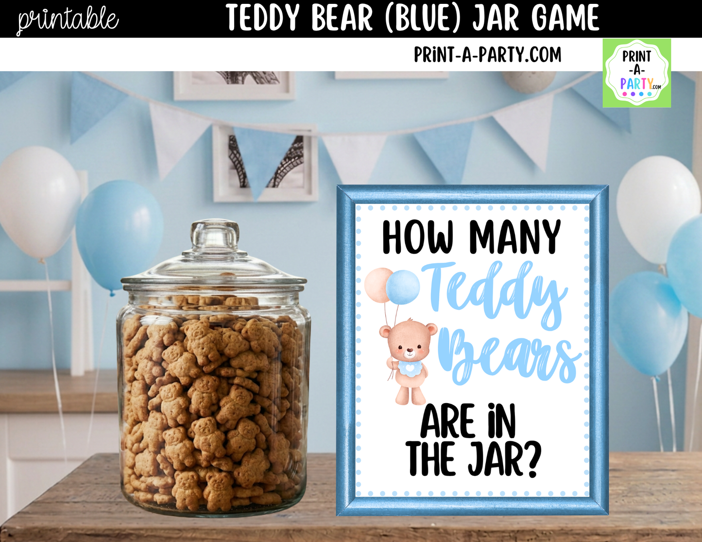 Teddy Bears (blue) Jar Game Printable Sign (8x10) & Guessing Cards for Baby Shower or parties