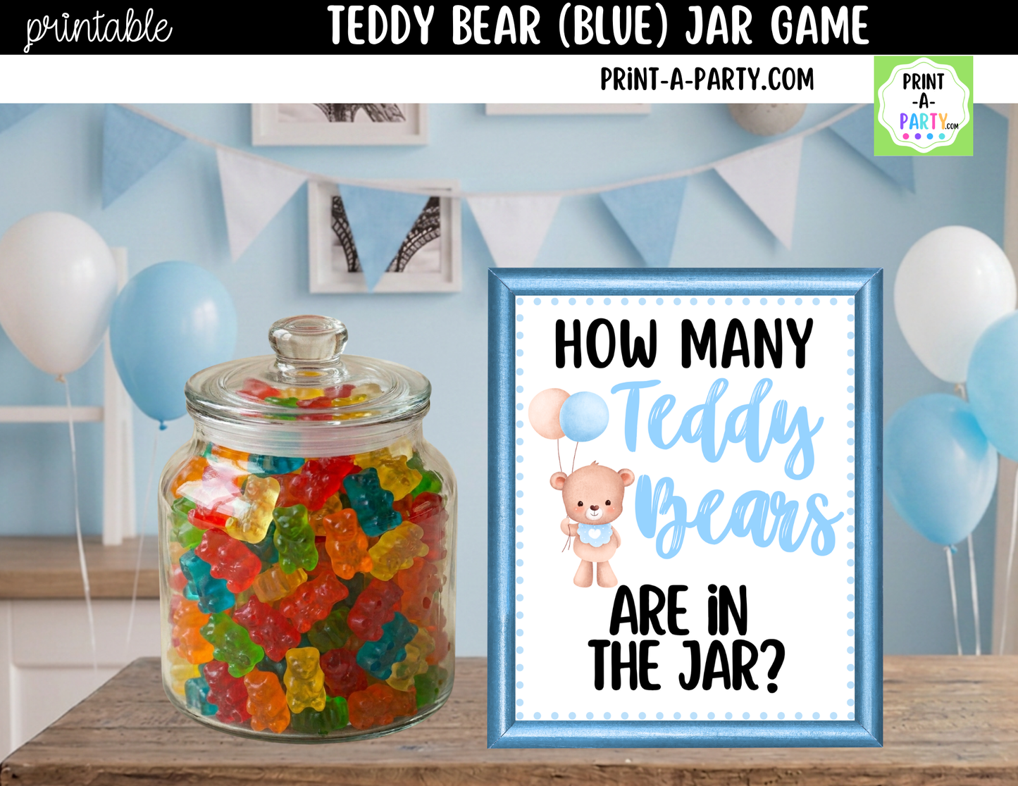 Teddy Bears (blue) Jar Game Printable Sign (8x10) & Guessing Cards for Baby Shower or parties