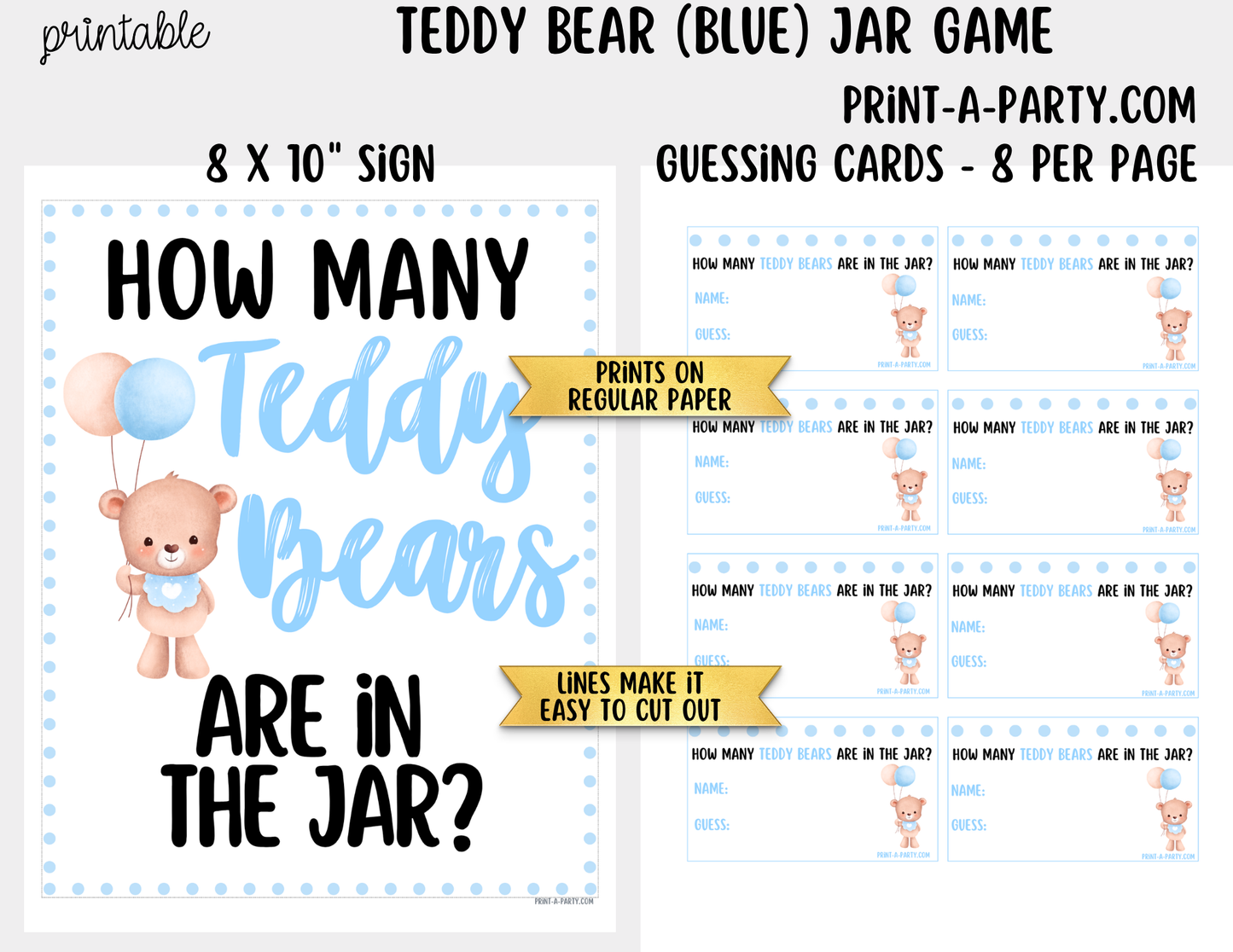 Teddy Bears (blue) Jar Game Printable Sign (8x10) & Guessing Cards for Baby Shower or parties