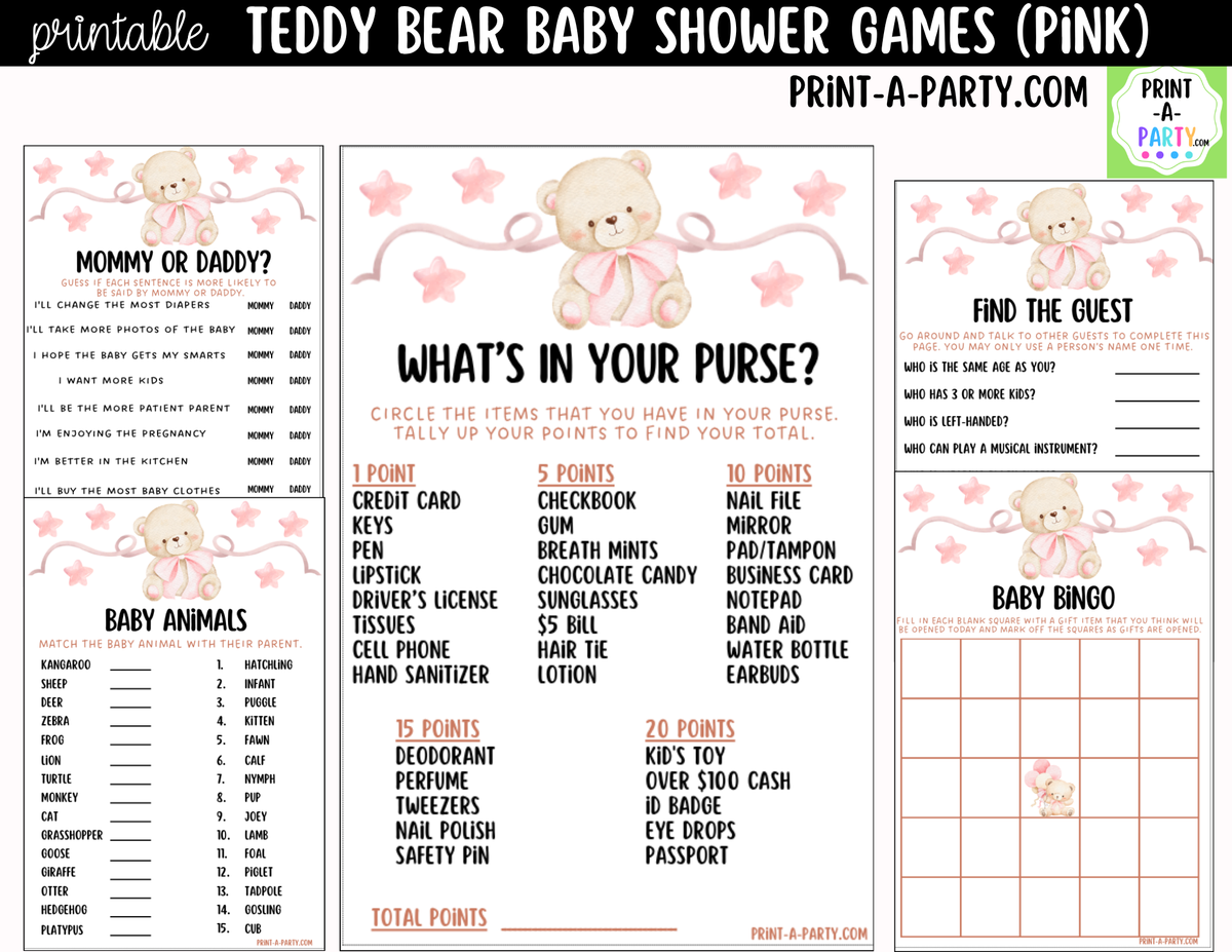 Teddy Bear Baby Shower Games Printable | Pink Teddy Bear Bundle