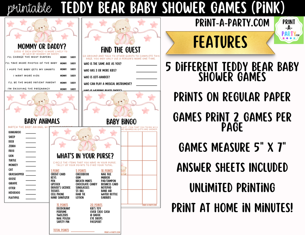 Teddy Bear Baby Shower Games Printable | Pink Teddy Bear Bundle