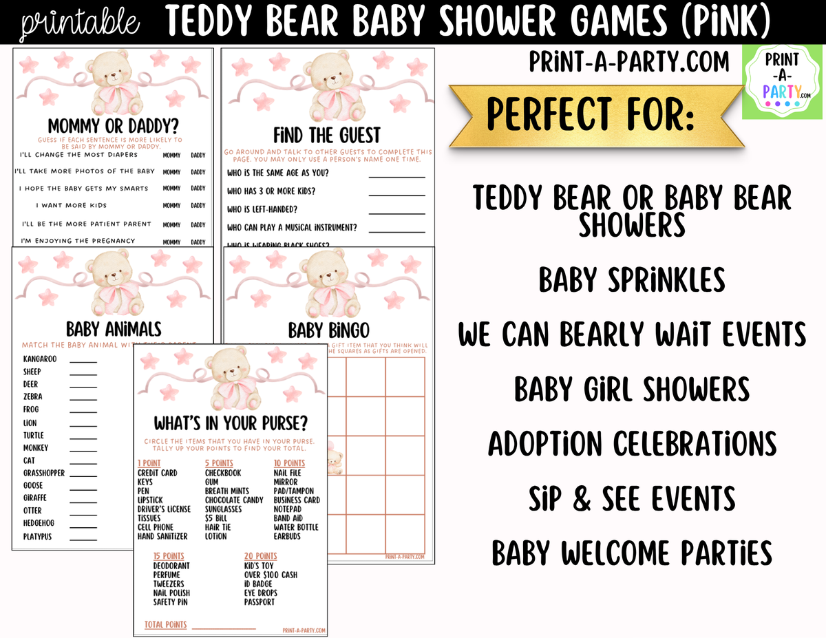 Teddy Bear Baby Shower Games Printable | Pink Teddy Bear Bundle