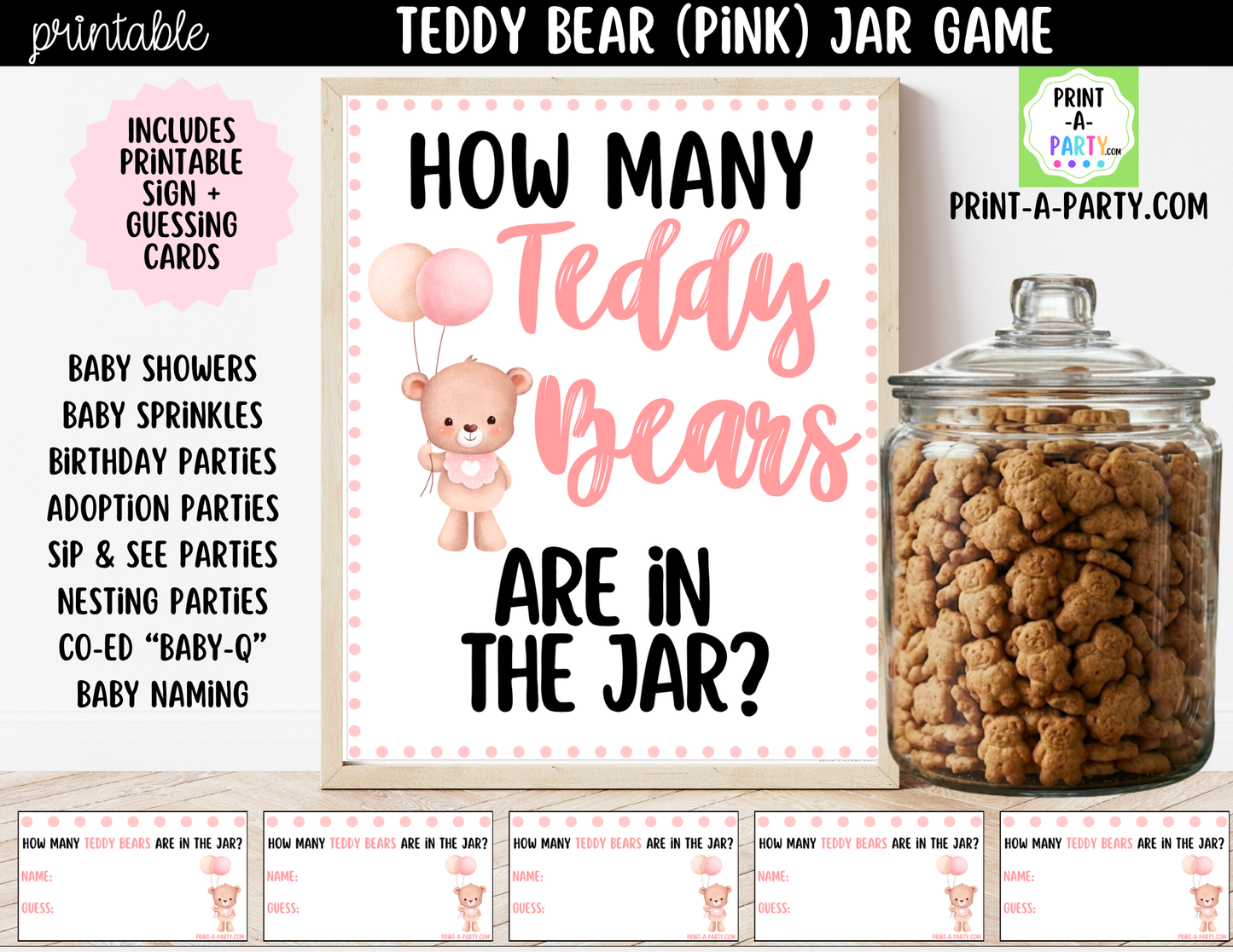 Teddy Bears (pink) Jar Guessing Game Printable Sign (8x10) & Guessing Cards for Baby Shower, adoption party or baby events