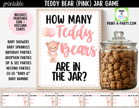 Teddy Bears (pink) Jar Guessing Game Printable Sign (8x10) & Guessing Cards for Baby Shower, adoption party or baby events