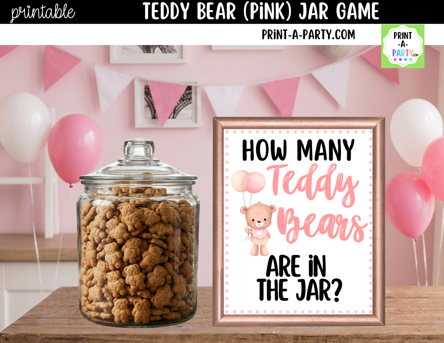 Teddy Bears (pink) Jar Guessing Game Printable Sign (8x10) & Guessing Cards for Baby Shower, adoption party or baby events