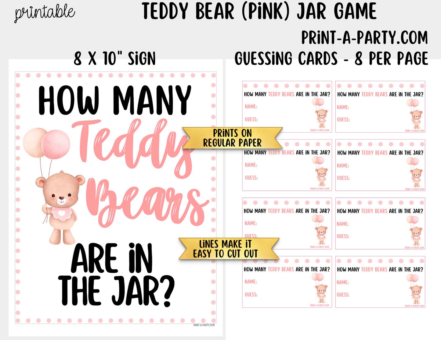 Teddy Bears (pink) Jar Guessing Game Printable Sign (8x10) & Guessing Cards for Baby Shower, adoption party or baby events