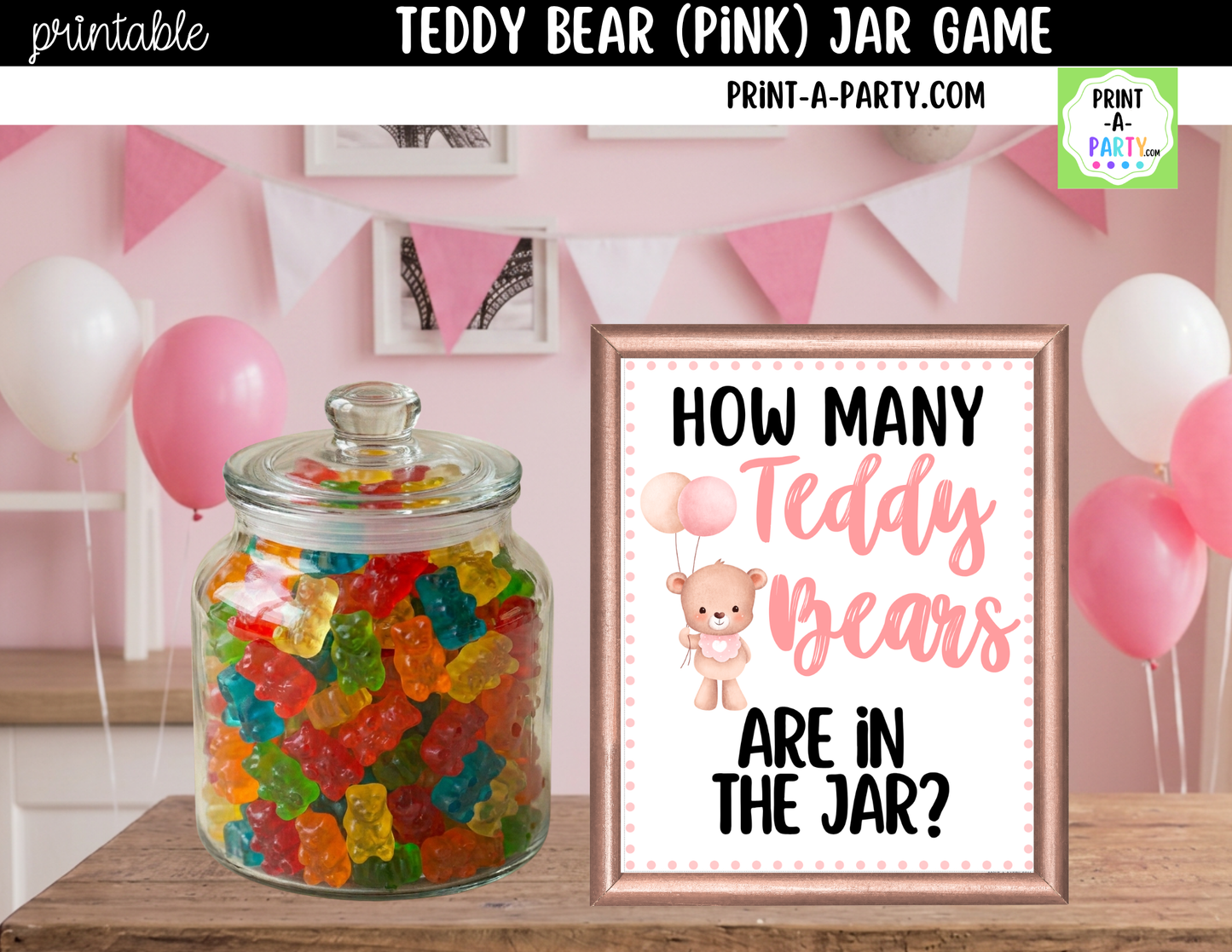 Teddy Bears (pink) Jar Guessing Game Printable Sign (8x10) & Guessing Cards for Baby Shower, adoption party or baby events