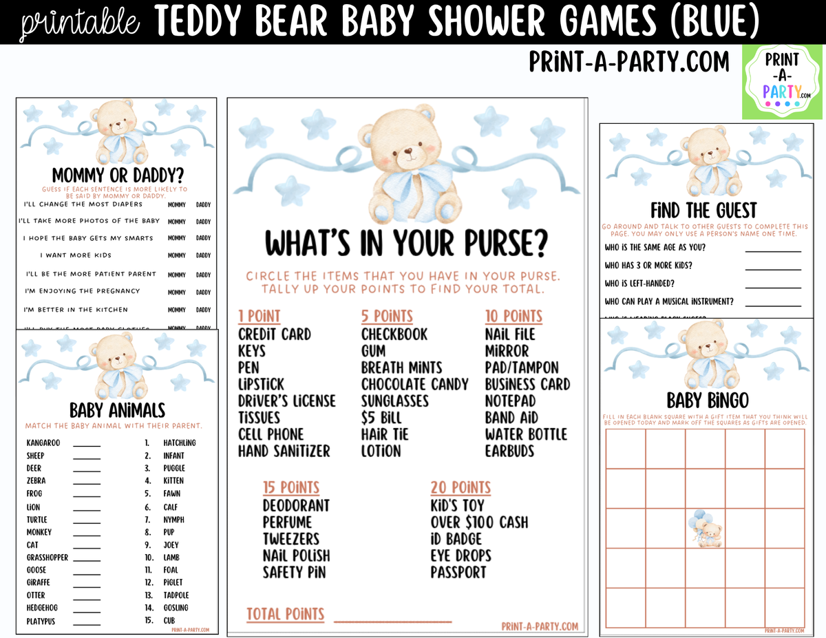 Teddy Bear Baby Shower Games Printable | Blue Teddy Bear Bundle