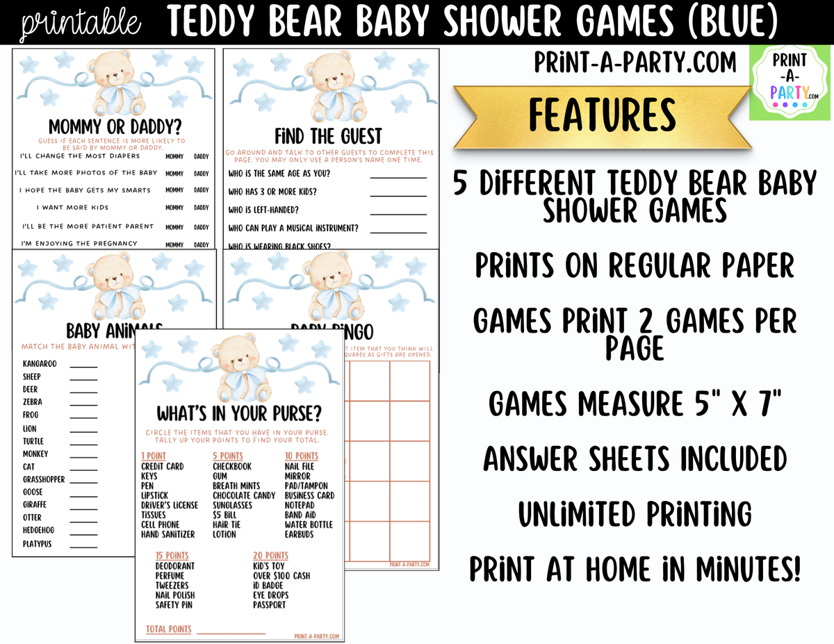 Teddy Bear Baby Shower Games Printable | Blue Teddy Bear Bundle