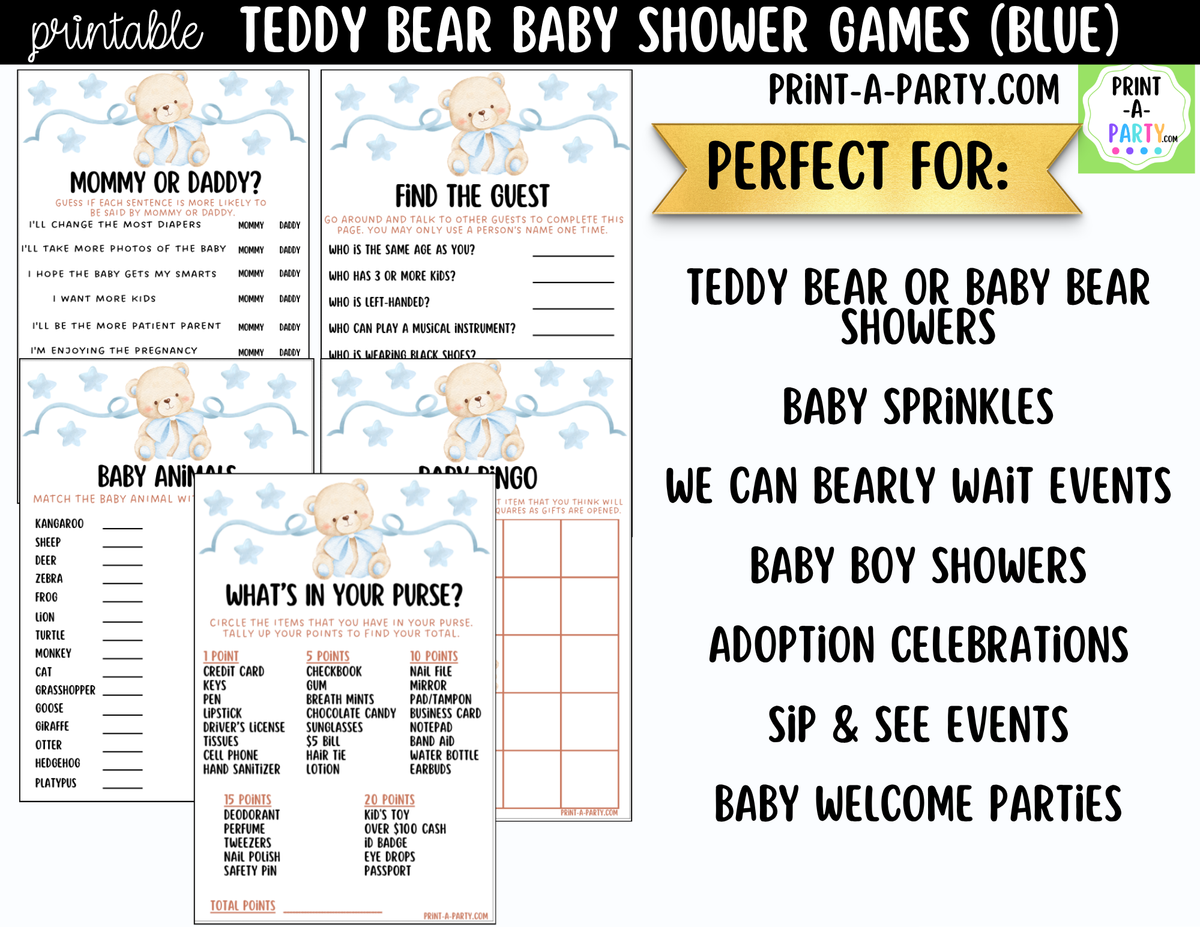 Teddy Bear Baby Shower Games Printable | Blue Teddy Bear Bundle