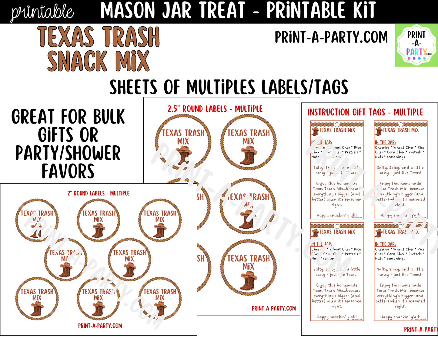 Texas Trash Chex Snack Mix in a Mason Jar Gift Printable Kit - Labels, Tag, Recipe & Instructions