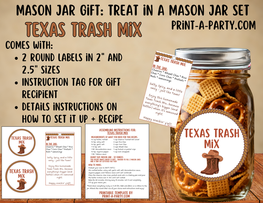 MASON JAR GIFT: Texas Trash Chex Mix in a Mason Jar Gift Printable Kit - for neighbors, teachers, gift baskets and more!
