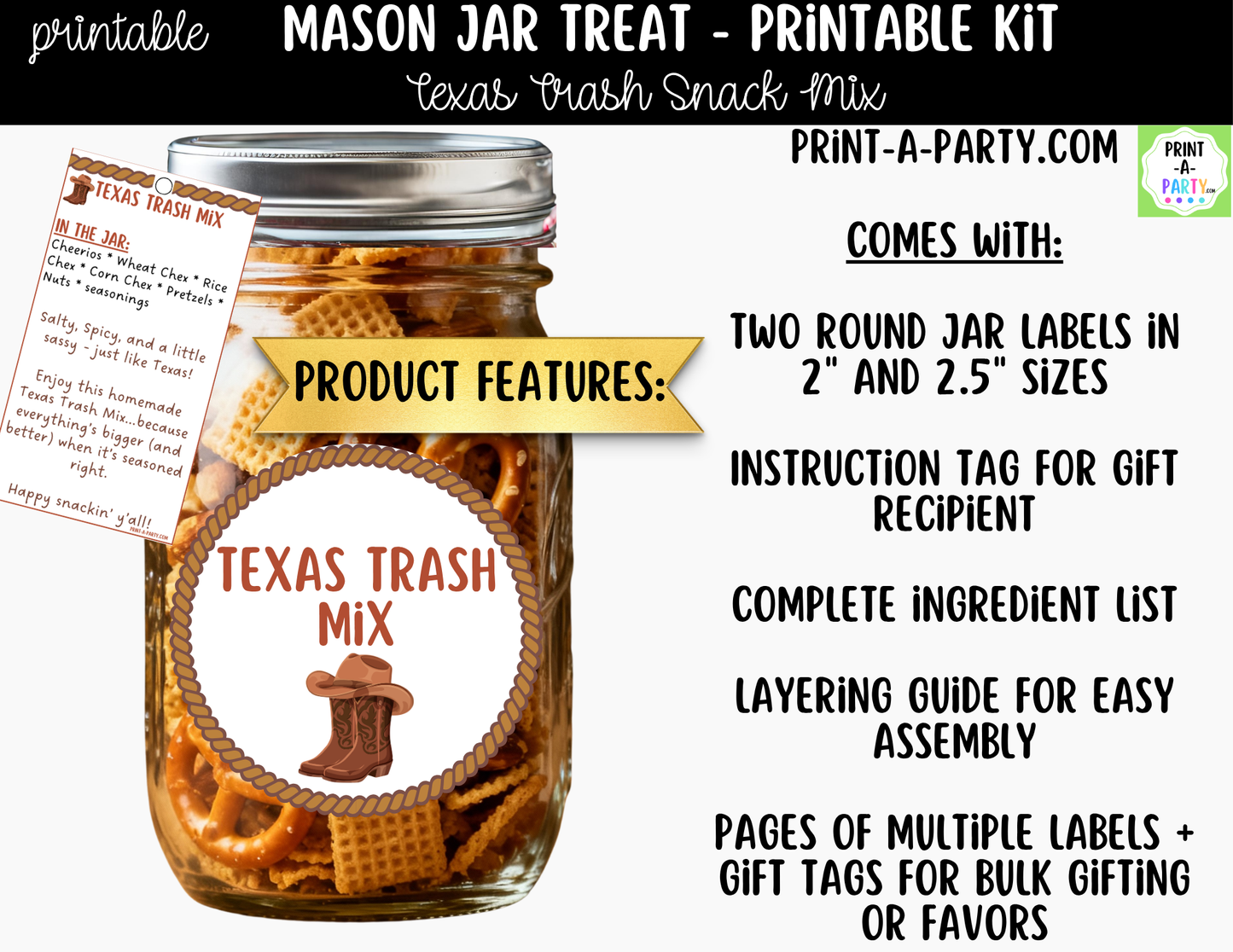 Texas Trash Chex Snack Mix in a Mason Jar Gift Printable Kit - Labels, Tag, Recipe & Instructions