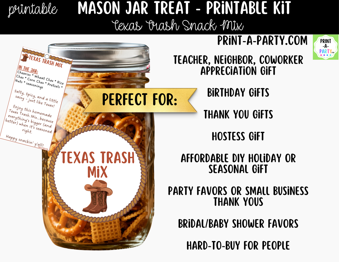 Texas Trash Chex Snack Mix in a Mason Jar Gift Printable Kit - Labels, Tag, Recipe & Instructions