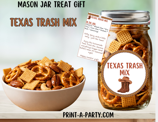 MASON JAR GIFT: Texas Trash Chex Mix in a Mason Jar Gift Printable Kit - for neighbors, teachers, gift baskets and more!