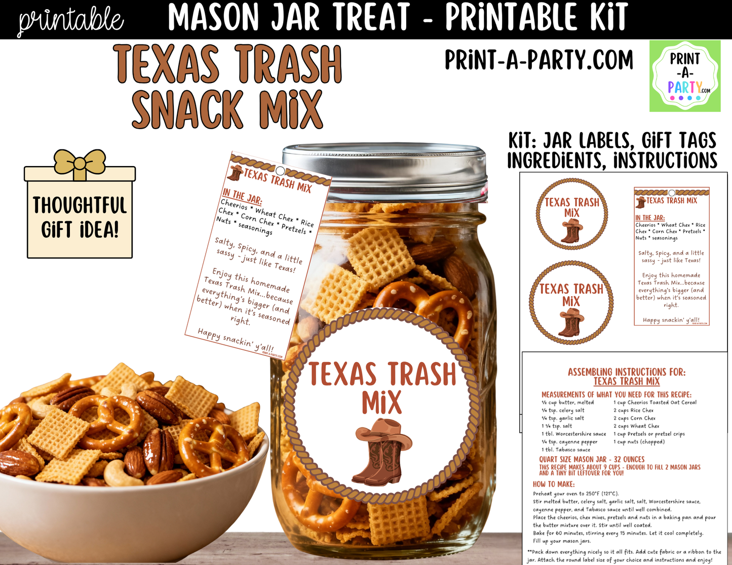 Texas Trash Chex Snack Mix in a Mason Jar Gift Printable Kit - Labels, Tag, Recipe & Instructions