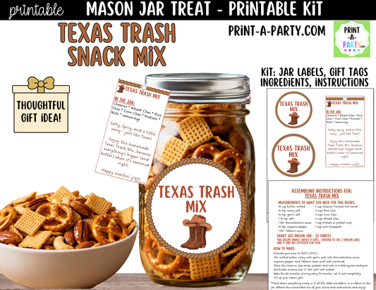 Texas Trash Chex Snack Mix in a Mason Jar Gift Printable Kit - Labels, Tag, Recipe & Instructions