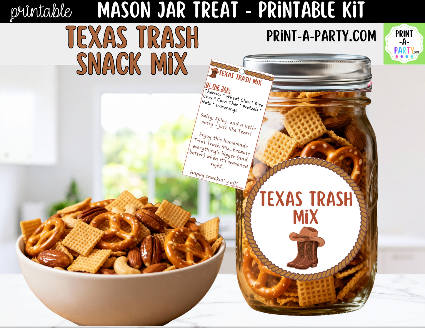 Texas Trash Chex Snack Mix in a Mason Jar Gift Printable Kit - Labels, Tag, Recipe & Instructions