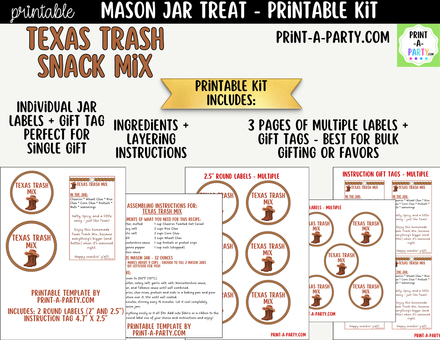 Texas Trash Chex Snack Mix in a Mason Jar Gift Printable Kit - Labels, Tag, Recipe & Instructions