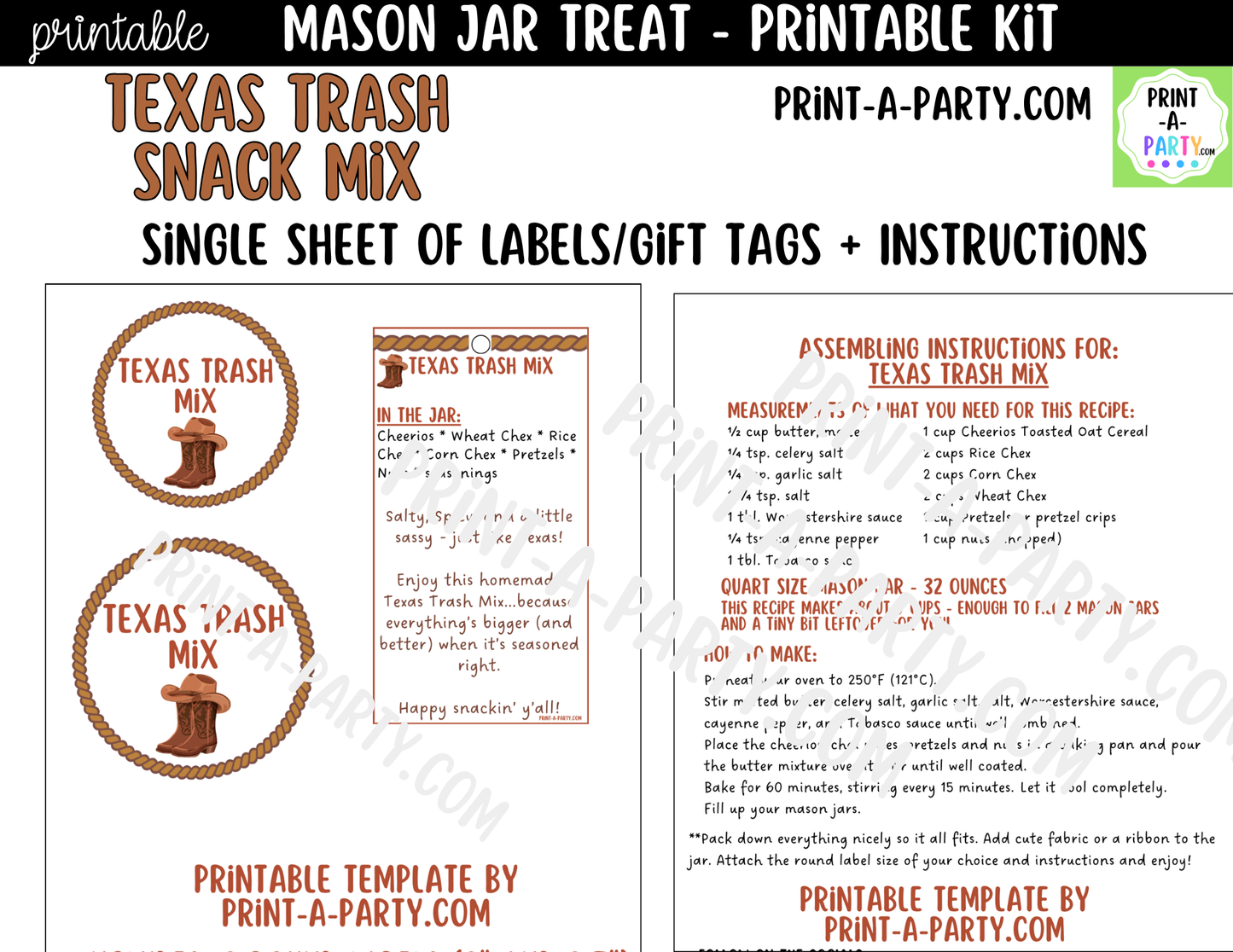 Texas Trash Chex Snack Mix in a Mason Jar Gift Printable Kit - Labels, Tag, Recipe & Instructions