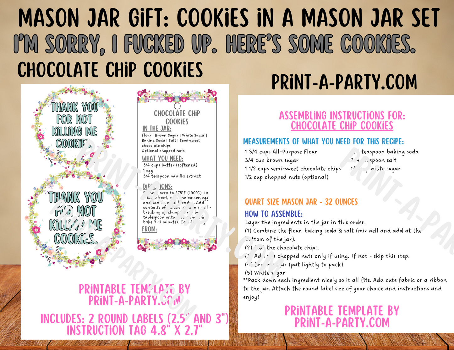 MASON JAR COOKIE GIFT: Apology (Dark Humor) Chocolate Chip Cookies in a Mason Jar | Thank You for Not Killing Me Cookies gift | Mason Jar Gift Kit | Mason Jar Gift Idea | Apology Gift Idea