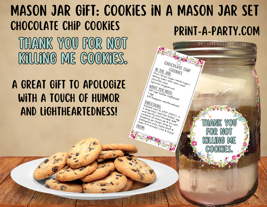 MASON JAR COOKIE GIFT: Apology (Dark Humor) Chocolate Chip Cookies in a Mason Jar | Thank You for Not Killing Me Cookies gift | Mason Jar Gift Kit | Mason Jar Gift Idea | Apology Gift Idea