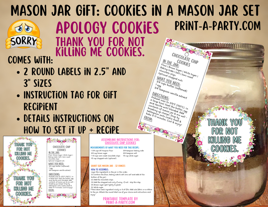 MASON JAR COOKIE GIFT: Apology (Dark Humor) Chocolate Chip Cookies in a Mason Jar | Thank You for Not Killing Me Cookies gift | Mason Jar Gift Kit | Mason Jar Gift Idea | Apology Gift Idea