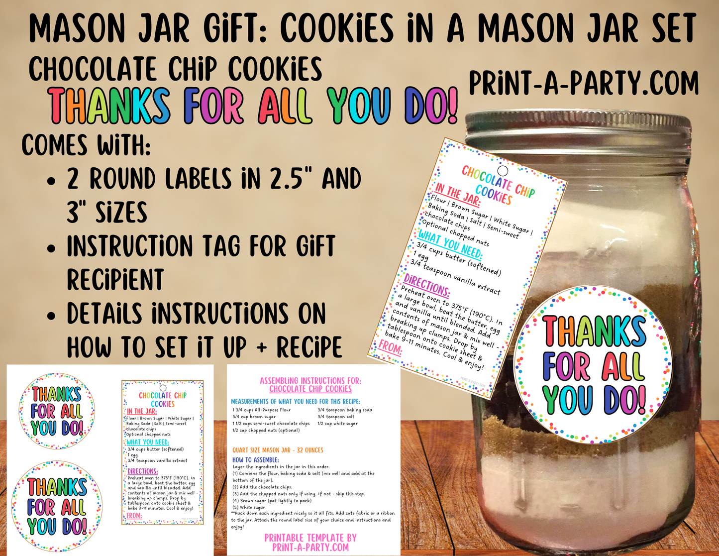 MASON JAR COOKIE GIFT: Appreciation Thank You Chocolate Chip Cookies in a Mason Jar | Cookie in a jar Appreciation Gift | Mason Jar Gift Kit | Mason Jar Gift Idea | Appreciation Gift Idea | Teacher Appreciation Idea